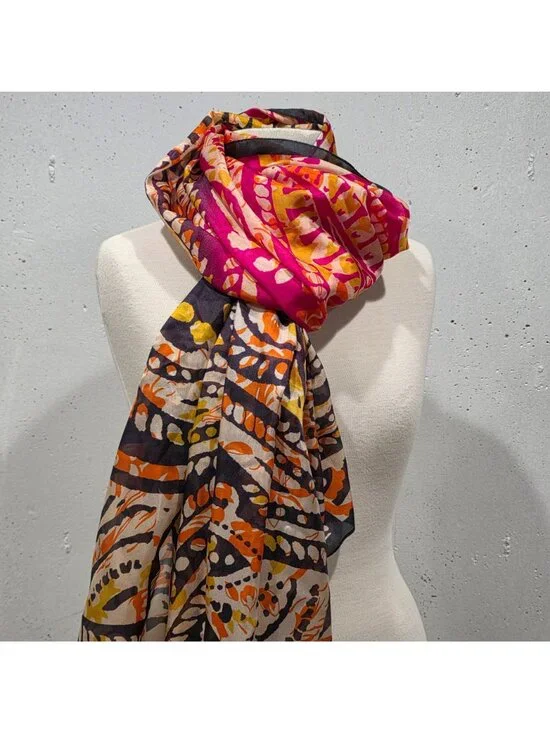 Vibrant Paisley Print Silk Large Wrap Scarf In Pink Orange & Black 42"x96" - Picture 4 of 9